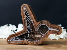 Load image into Gallery viewer, Wooden Piggy Bank Hummingbird (Brown, Engraving)