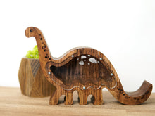 Load image into Gallery viewer, Wooden Piggy Bank Dinosaur (Large, Brown, Engraving)