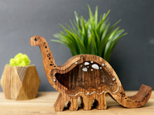 Load image into Gallery viewer, Wooden Piggy Bank Dinosaur (Small, Brown, Engraving)