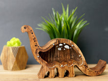 Load image into Gallery viewer, Wooden Piggy Bank Dinosaur (Large, Brown, Engraving)