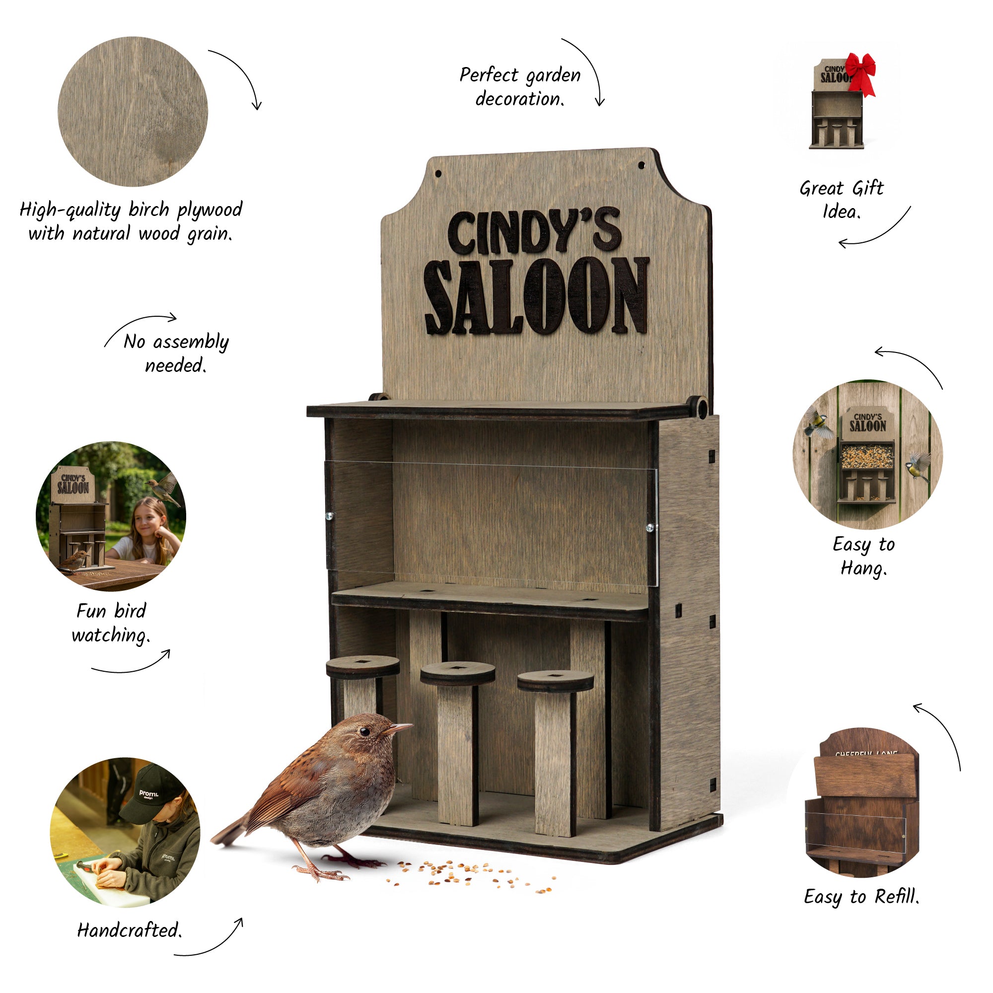 A wooden bird feeder display stand labeled 'CINDY'S SALOON' shown on a white background with multiple callout circles and arrows describing features such as high-quality birch plywood, no assembly needed, fun bird watching, handcrafted, and easy to refill.