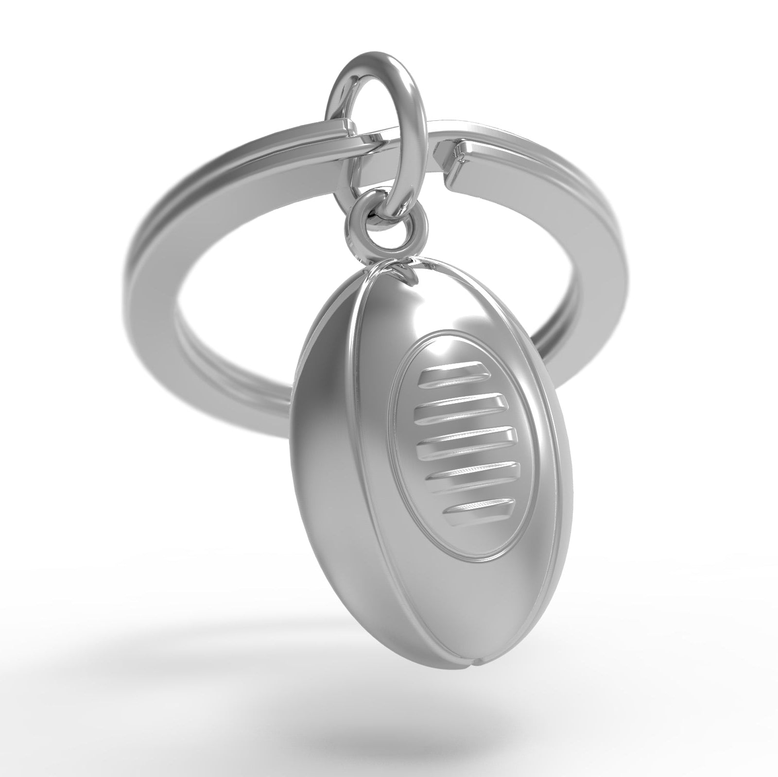 Silver keychain shaped like a rugby ball on a white background