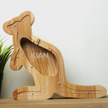Load image into Gallery viewer, Wooden Piggy Bank Kangaroo (Brown, Engraving)