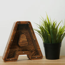 Load image into Gallery viewer, Wooden Piggy Bank Letter  (Small, Brown, A-Z, Engraving)