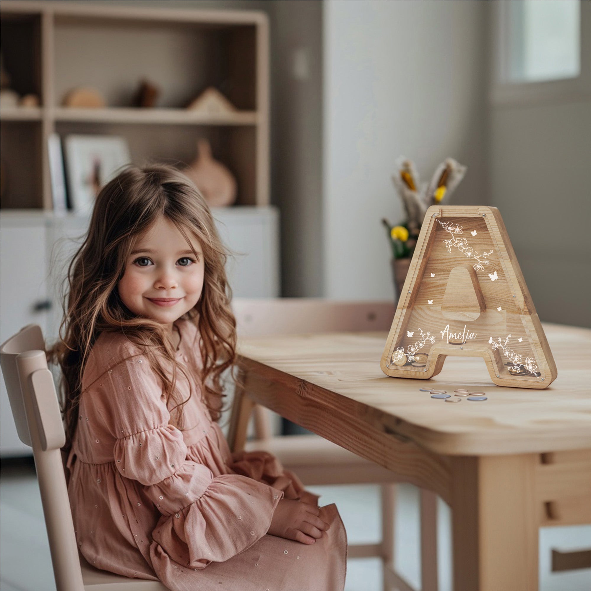 wood piggy bank letter kids save money