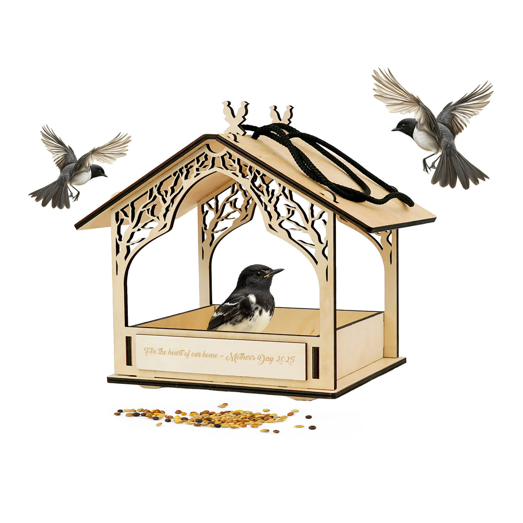 Rustic Wooden Bird Feeder, Outdoor Hanging Feeder for Wild Birds with Natural Wood Finish