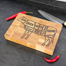 Load image into Gallery viewer, Personalized Oak Cutting Board, Engraved Butcher Block with Cow Diagram, Meat &amp; BBQ Lovers Gift