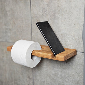 Wall-Mounted Wooden Toilet Paper Holder with Shelf and Phone Slot, Bathroom Accessory