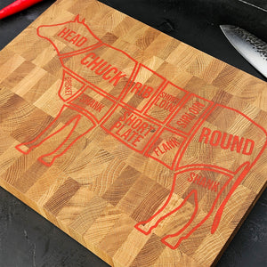 Rustic Oak Wood Cutting Board with Cow Design, Practical and Decorative Addition to Any Farmhouse Kitchen