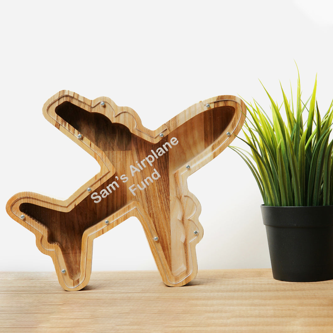 Plane-Shaped Piggy Bank, Wooden Coin Bank for Kids, Home or Office, Desk Accessory, and Decorative Money Box