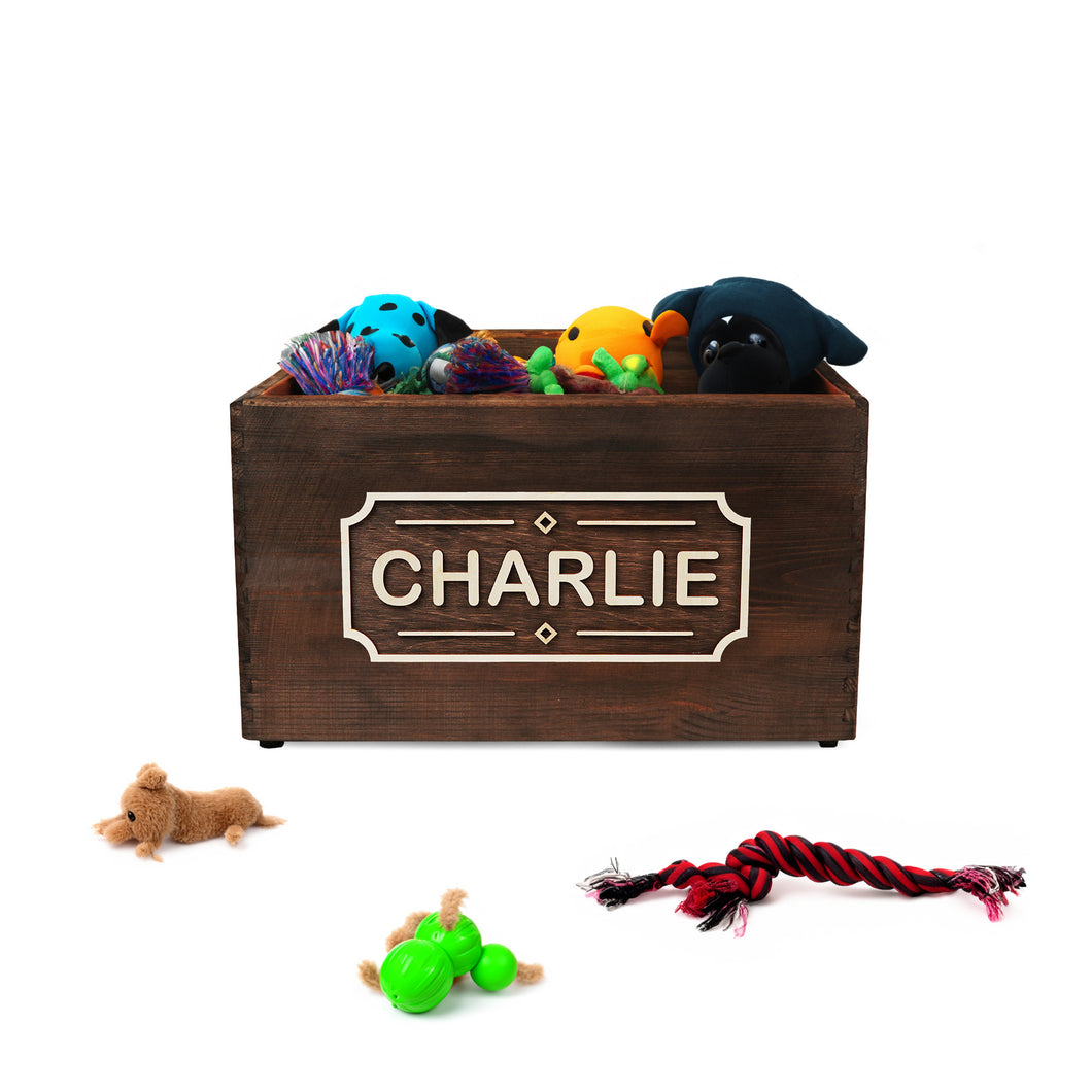 Storage dog toy box with name plate