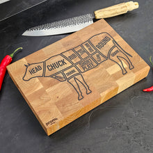 Load image into Gallery viewer, Personalized Oak Cutting Board, Engraved Butcher Block with Cow Diagram, Meat &amp; BBQ Lovers Gift