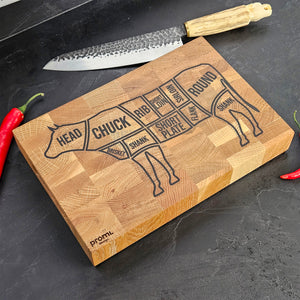 Personalized Oak Cutting Board, Engraved Butcher Block with Cow Diagram, Meat & BBQ Lovers Gift