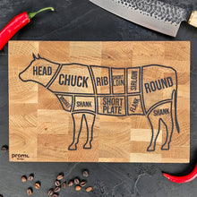 Load image into Gallery viewer, Personalized Oak Cutting Board, Engraved Butcher Block with Cow Diagram, Meat &amp; BBQ Lovers Gift
