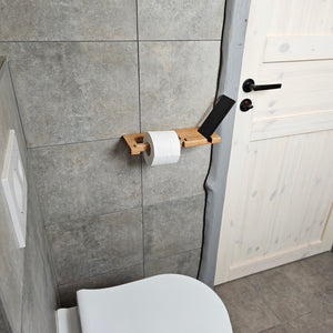 Wall-Mounted Wooden Toilet Paper Holder with Shelf and Phone Slot, Bathroom Accessory