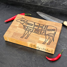 Load image into Gallery viewer, Personalized Oak Cutting Board, Engraved Butcher Block with Cow Diagram, Meat &amp; BBQ Lovers Gift