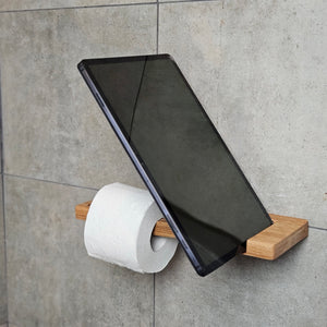 Wall-Mounted Wooden Toilet Paper Holder with Shelf and Phone Slot, Bathroom Accessory