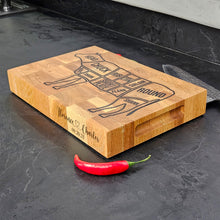 Load image into Gallery viewer, Personalized Oak Cutting Board, Engraved Butcher Block with Cow Diagram, Meat &amp; BBQ Lovers Gift