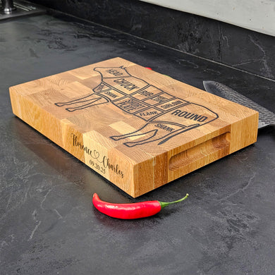 Personalized Oak Cutting Board, Engraved Butcher Block with Cow Diagram, Meat & BBQ Lovers Gift