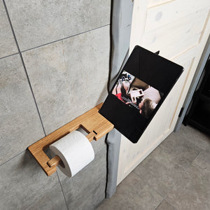 Wall-Mounted Wooden Toilet Paper Holder with Shelf and Phone Slot, Bathroom Accessory
