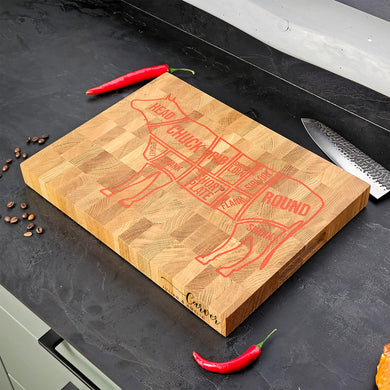 Rustic Oak Wood Cutting Board with Cow Design, Practical and Decorative Addition to Any Farmhouse Kitchen