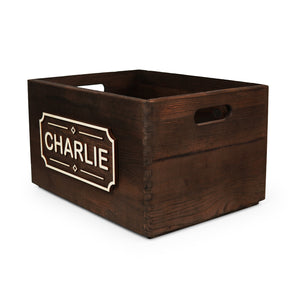 Storage dog toy box with name plate