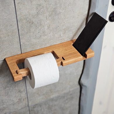 Wall-Mounted Wooden Toilet Paper Holder with Shelf and Phone Slot, Bathroom Accessory