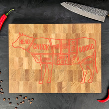 Load image into Gallery viewer, Rustic Oak Wood Cutting Board with Cow Design, Practical and Decorative Addition to Any Farmhouse Kitchen