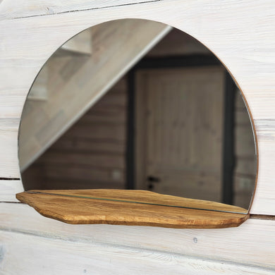 Minimalist Round Oak Mirror with Shelf, Handmade Floating Wall Mirror for Home Decor