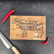 Load image into Gallery viewer, Personalized Oak Cutting Board, Engraved Butcher Block with Cow Diagram, Meat &amp; BBQ Lovers Gift