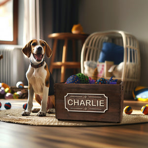 Storage dog toy box with name plate