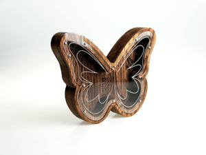 Wooden Piggy Bank Butterfly (M, Brown, Engraving)