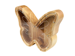 Wooden Piggy Bank Butterfly (M, Brown, Engraving)