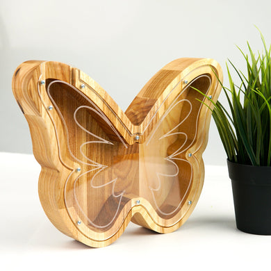 Wooden Piggy Bank Butterfly (M, Engraving)