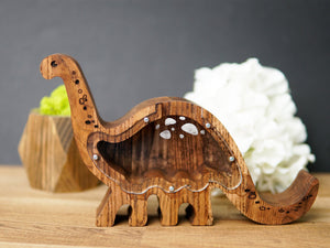 Wooden Piggy Bank Dinosaur (M, Brown, Engraving)