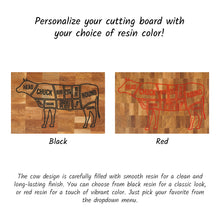 Load image into Gallery viewer, Personalized Oak Cutting Board, Engraved Butcher Block with Cow Diagram, Meat &amp; BBQ Lovers Gift