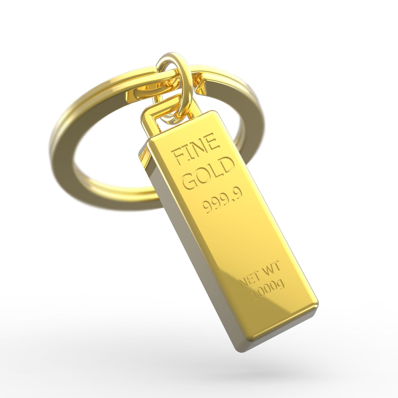 Gold keychain with gold bar design on a white background