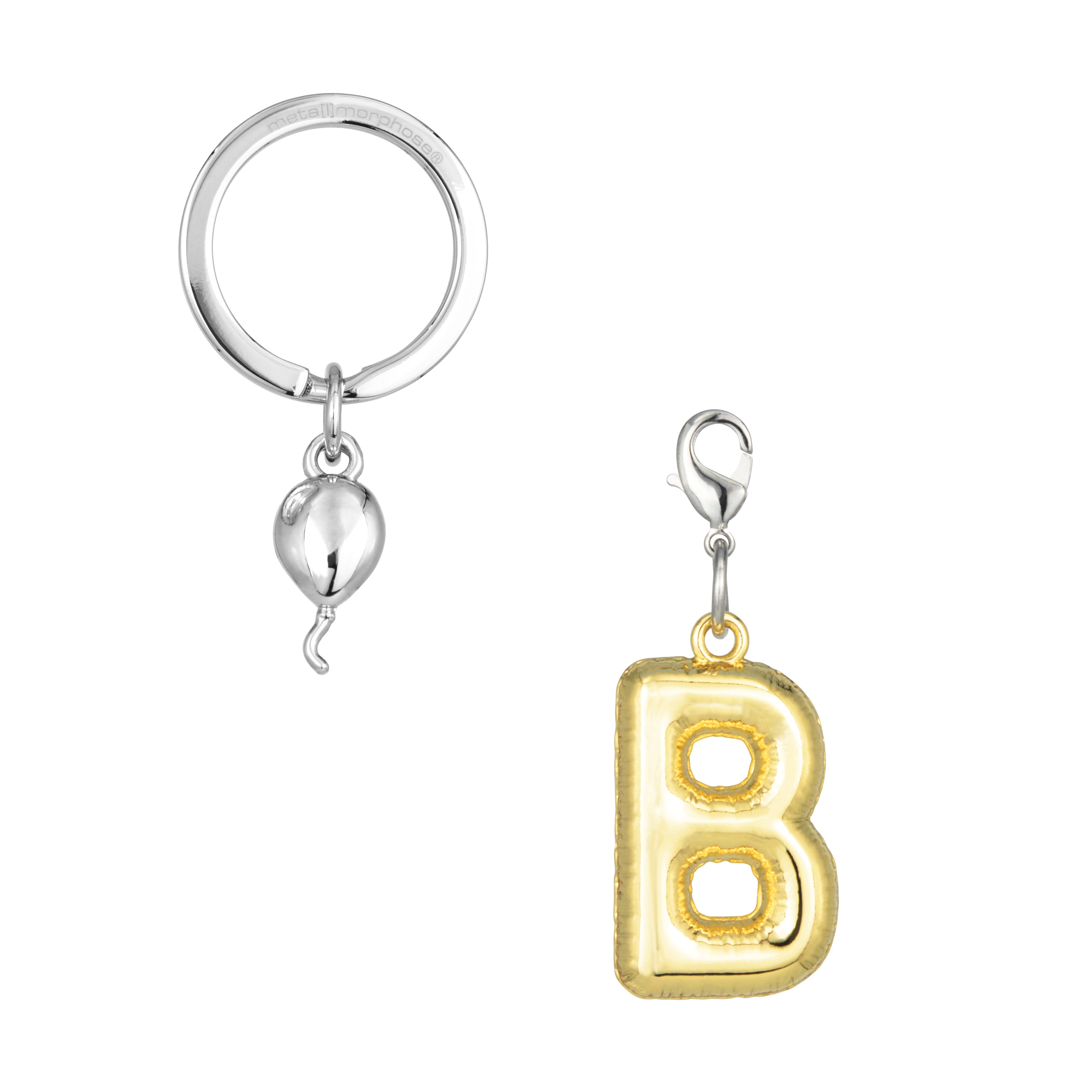 Keychain with gold letter 'B' and silver hook on a white background