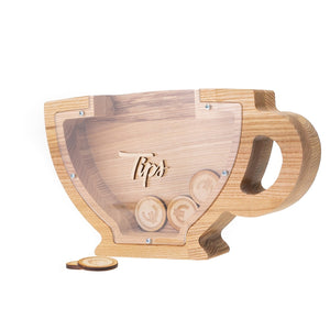 Wooden Piggy Bank Cup (L, Brown, Engraving)