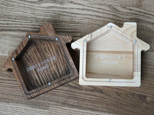 Wooden Piggy Bank House (S, Brown, Engraving)