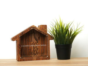 Wooden Piggy Bank House (M, Brown, Engraving)