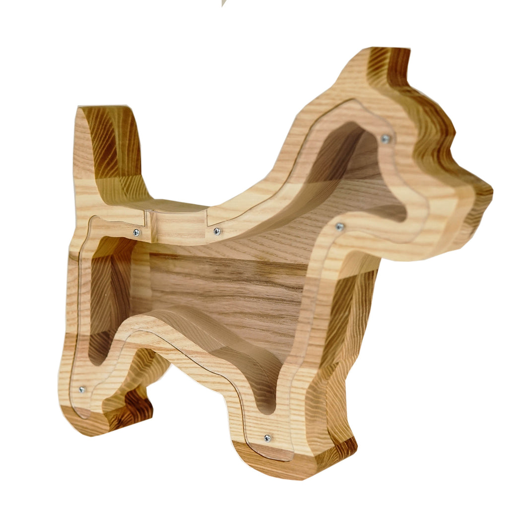 Wooden Piggy Bank Dog (M, Engraving)