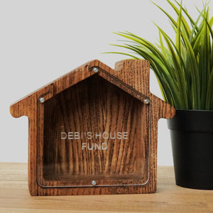 Wooden Piggy Bank House (S, Brown, Engraving)
