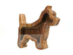 Wooden Piggy Bank Dog (M, Brown, Engraving)