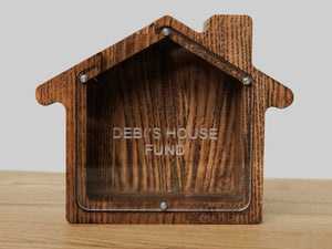 Wooden Piggy Bank House (S, Brown, Engraving)