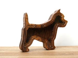 Wooden Piggy Bank Dog (M, Brown, Engraving)