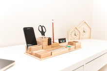 Load image into Gallery viewer, This ALL IN ONE desk organizer made from a single piece of oak wood contains everything that you may need on your desk. One big platform holds 8 different wooden boxes/containers of various sizes.