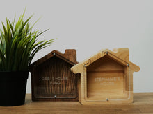 Load image into Gallery viewer, Wooden Piggy Bank House (S, Brown, Engraving)